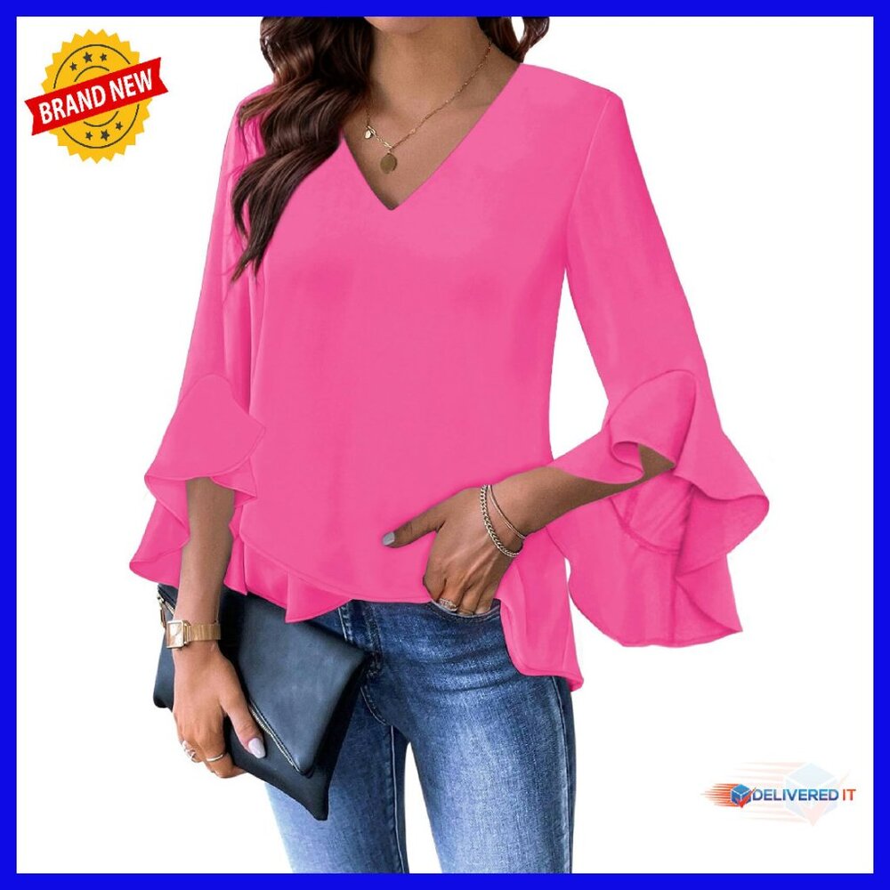 V-Neck Ruffle 3/4 Sleeve Blouse Lightweight Business Casual Top